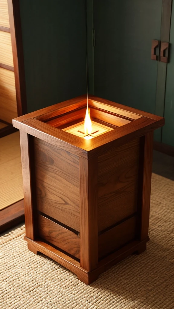 A wooden brazier in the shape of a cube(Traditional Japanese heating device)。The brazier has no lid、I can see the wooden frame。