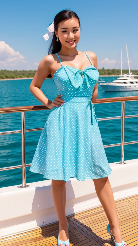 Kazakh pinup girl posing beautifully smiling on a yacht clear weather summer sky blue bright sun in her hands cocktail retro pinup style green polka dot dress dancing
