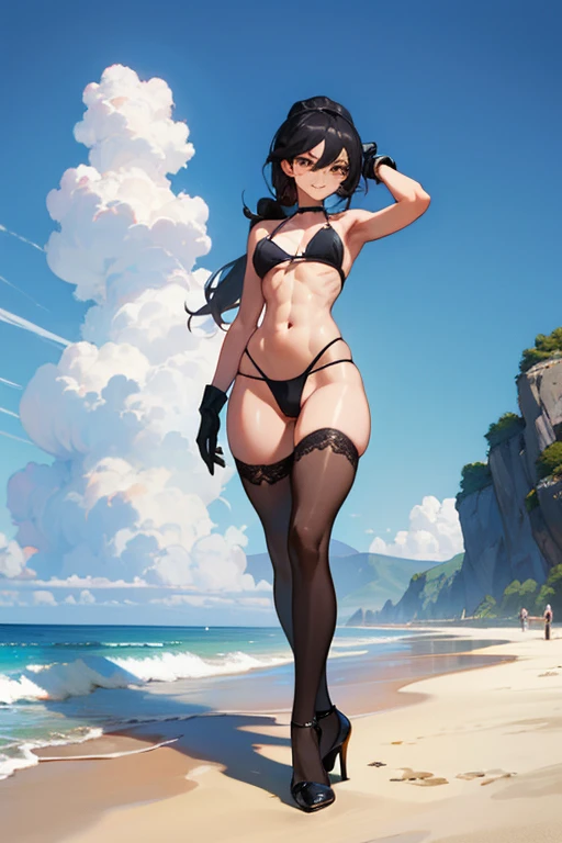 Subject - (masterpiece, best quality, ultra detailed)(,  perfect face, perfect eyes, perfect body, Toned body, hourglass body shape, Chiseled body, sculpted body, Ripped body, Athletic body, Lean body, fit body, sculpted legs, toned legs, fit legs) 1 girl, black hair, pony tail,  yellow eyes, solo, long hair, mid size  BREAK
Style full body view, black high heels shoes,  navel piercing,  smile, , thigh highs, nylon thigh highs, nylon  gloves, mini bikini, ,  , pulling up her bikini from the sides with both hands,  bikini BREAK
Environment – sky, cloud, day,  outdoors, beach BREAK