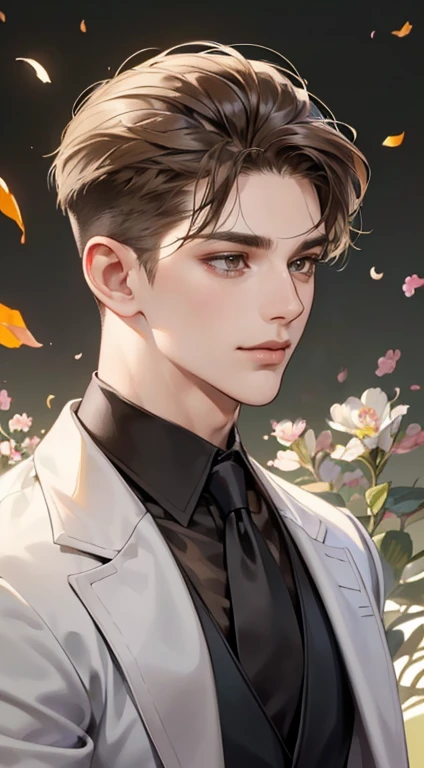 ((masterpiece)),(((best quality))), (detailed light) (detailed shadow), (high quality, breathtaking),(expressive eyes, perfect face), 1man, solo, male, tall, (mature), board shoulder, muscular, (((undercut hairstyle))), short brown hair, ((light brown eyes))), happy smiling face, black suit, white tie, oak tree background, flower petal flying, windy, look at viewer,
