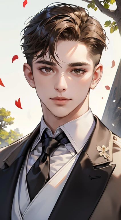 ((masterpiece)),(((best quality))), (detailed light) (detailed shadow), (high quality, breathtaking),(expressive eyes, perfect face), 1man, solo, male, tall, (mature), board shoulder, muscular, (((undercut hairstyle))), short brown hair, ((light brown eyes))), happy smiling face, black suit, white tie, oak tree background, flower petal flying, windy, look at viewer,