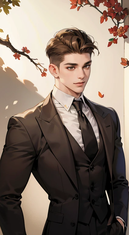 ((masterpiece)),(((best quality))), (detailed light) (detailed shadow), (high quality, breathtaking),(expressive eyes, perfect face), 1man, solo, male, tall, (mature), board shoulder, muscular, (((undercut hairstyle))), short brown hair, ((light brown eyes))), happy smiling face, black suit, white tie, oak tree background, flower petal flying, windy, look at viewer,