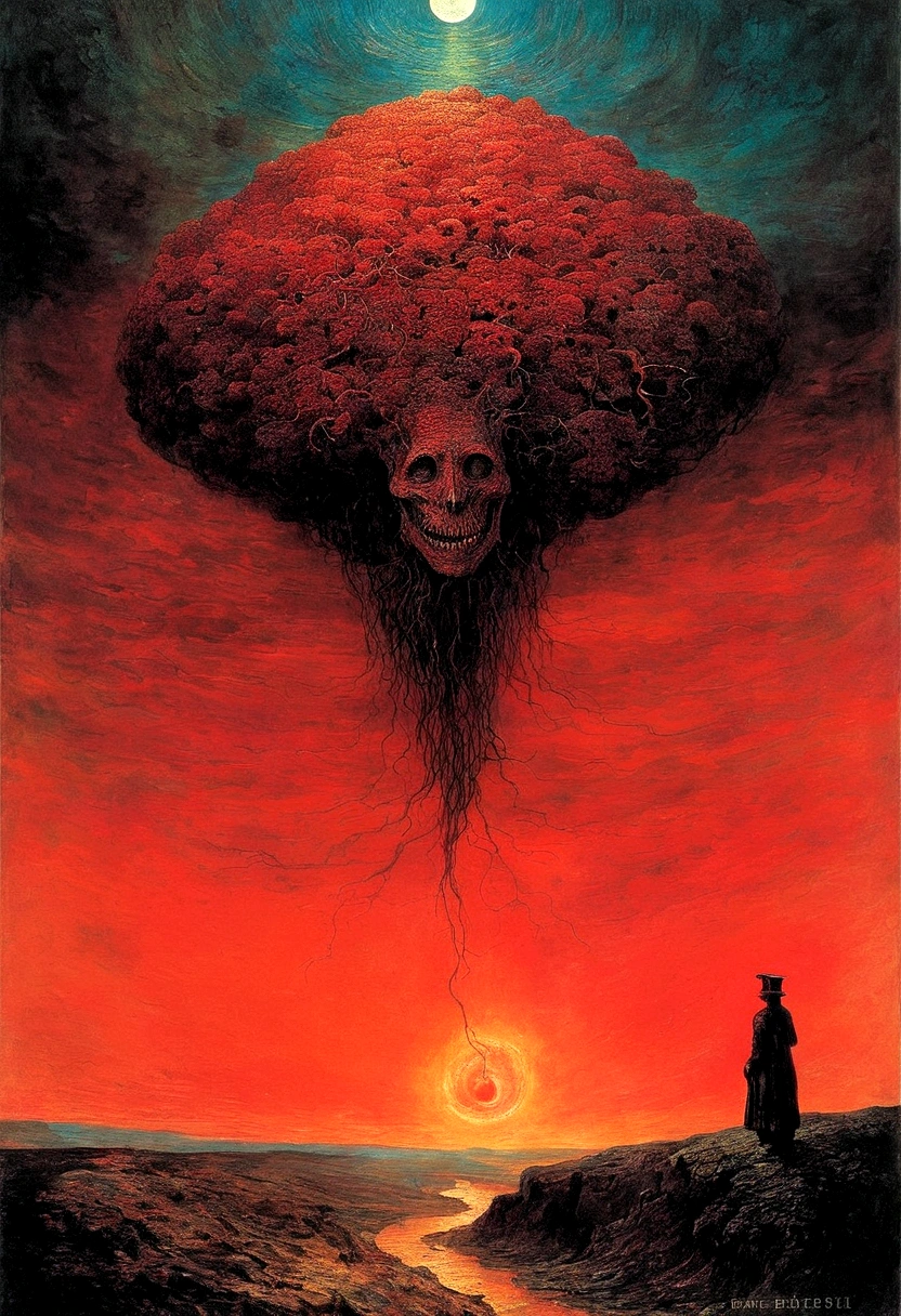 Mythical creatures, author:Zdzislaw Beksiński and Vincent Van Gogh, Album cover, romantic, Surrealism, Futuristic ,Smiling Corpse, Coral, Wizard, Abstracted, dark, red, landscape