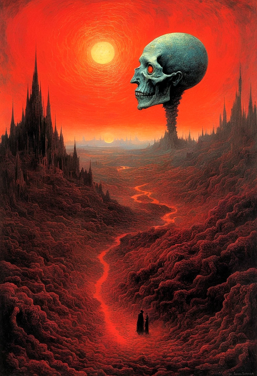 Mythical creatures, author：Zdzislaw Beksiński and Vincent Van Gogh, Album cover, romantic, Surrealism, Futuristic ,Smiling Corpse, Coral, Wizard, Abstracted, dark, red, landscape