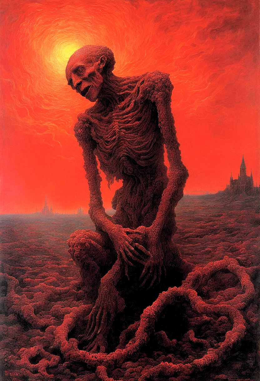 Mythical creatures, author：Zdzislaw Beksiński and Vincent Van Gogh, Album cover, romantic, Surrealism, Futuristic ,Smiling Corpse, Coral, Wizard, Abstracted, dark, red, landscape