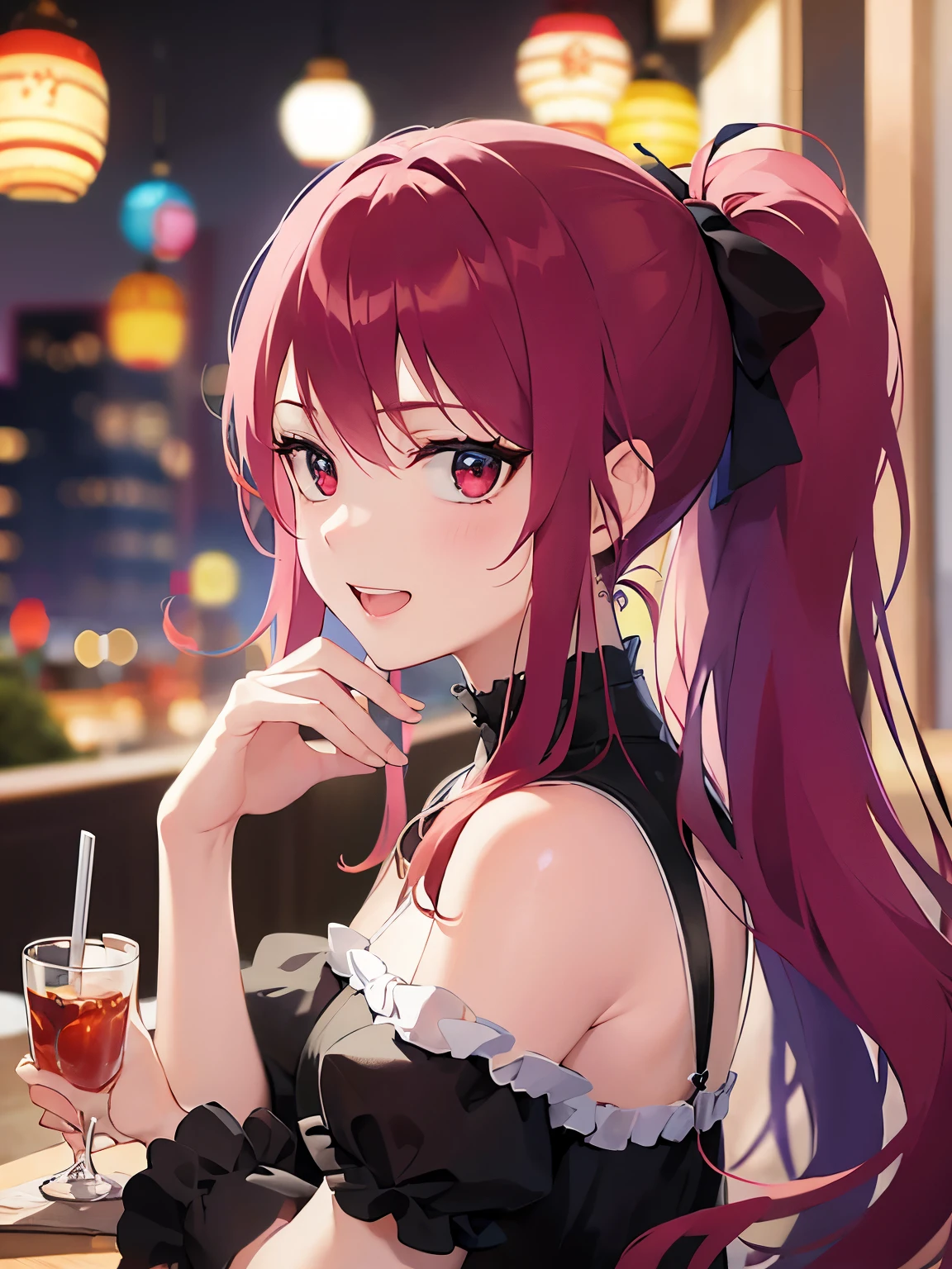 Placing hand on face, Biologically correct five fingers、Realistic, real person, RAW photo, photorealistic, portrait photography, shiny skin, 18-year-old female、(ponytail) and (red hair) and (red eyes) and (jitome), BREAK (black:1.2) and (off shoulder blouse) BREAK、(grin:1.2), open mouth, The background is the interior of a restaurant at night.、alone、Are standing