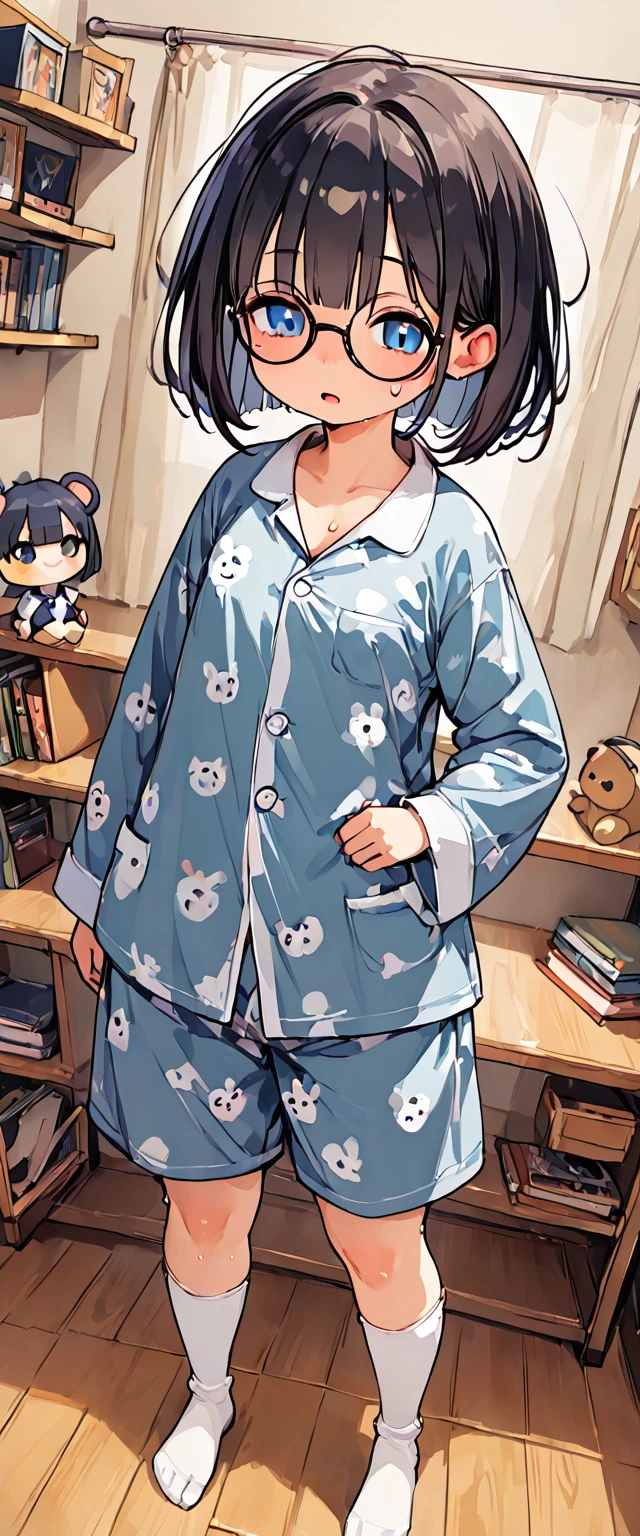(masterpiece), (best quality), ((ultra-detailed)), (high resolution), (an extremely delicate and beautiful, super fine illustration), official art, BREAK (1girl), (:1.6), (tiny girl:1.6), (8yo)lat chest:1.4), Plump, (Thick thighs:1.8), (big ass:1.5), erect nipples, Huge areola, large nipples, (long nipples:1.4), erect nipples, oily skin, BREAK droopy eyes, emerald blue eyes, (bad mood:1.5), (clear face:1.5), (half closed eyes:1.4), BREAK (bob cut:1.3), tired hair, messy hair, Black hair color, girl wearing round black glasses, BREAK [[open mouth]], (pajamas:1.3), (white socks:1.5), BREAK open legs, BREAK (Sweat:1.3), steam, humid, BREAK (messy room:1.4), BREAK (dynamic angle:1.4),
