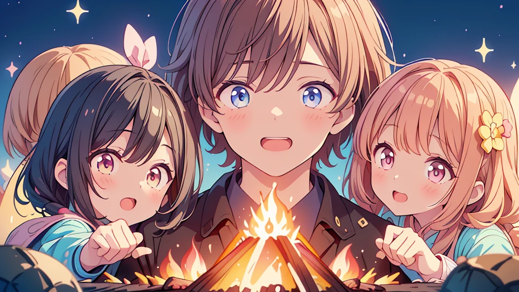 最高masterpiece、Official Art、Dynamic composition、masterpiece,Detailed face、Detailed eyes、Close-up、 (Two girls and two boys and two girls and two boys around a campfire), Idol, Big eyes, cutetech, cute, cute, pastel colour, Highest quality, Happy, Deep Background, Symmetric, Tilt your head, summer