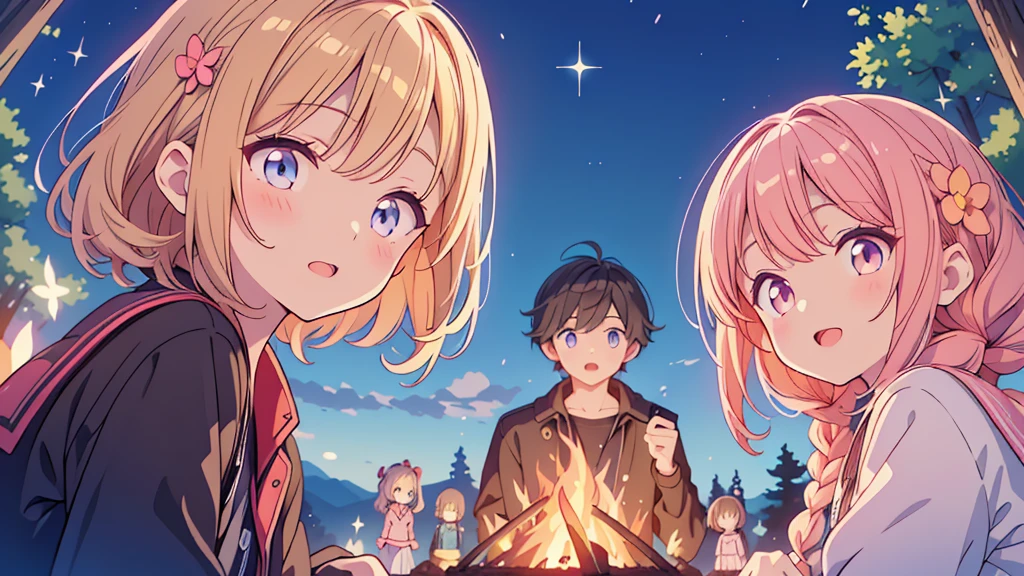 最高masterpiece、Official Art、Dynamic composition、masterpiece,Detailed face、Detailed eyes、Close-up、 (Two girls and two boys and two girls and two boys around a campfire), Idol, Big eyes, cutetech, cute, cute, pastel colour, Highest quality, Happy, Deep Background, Symmetric, Tilt your head, summer