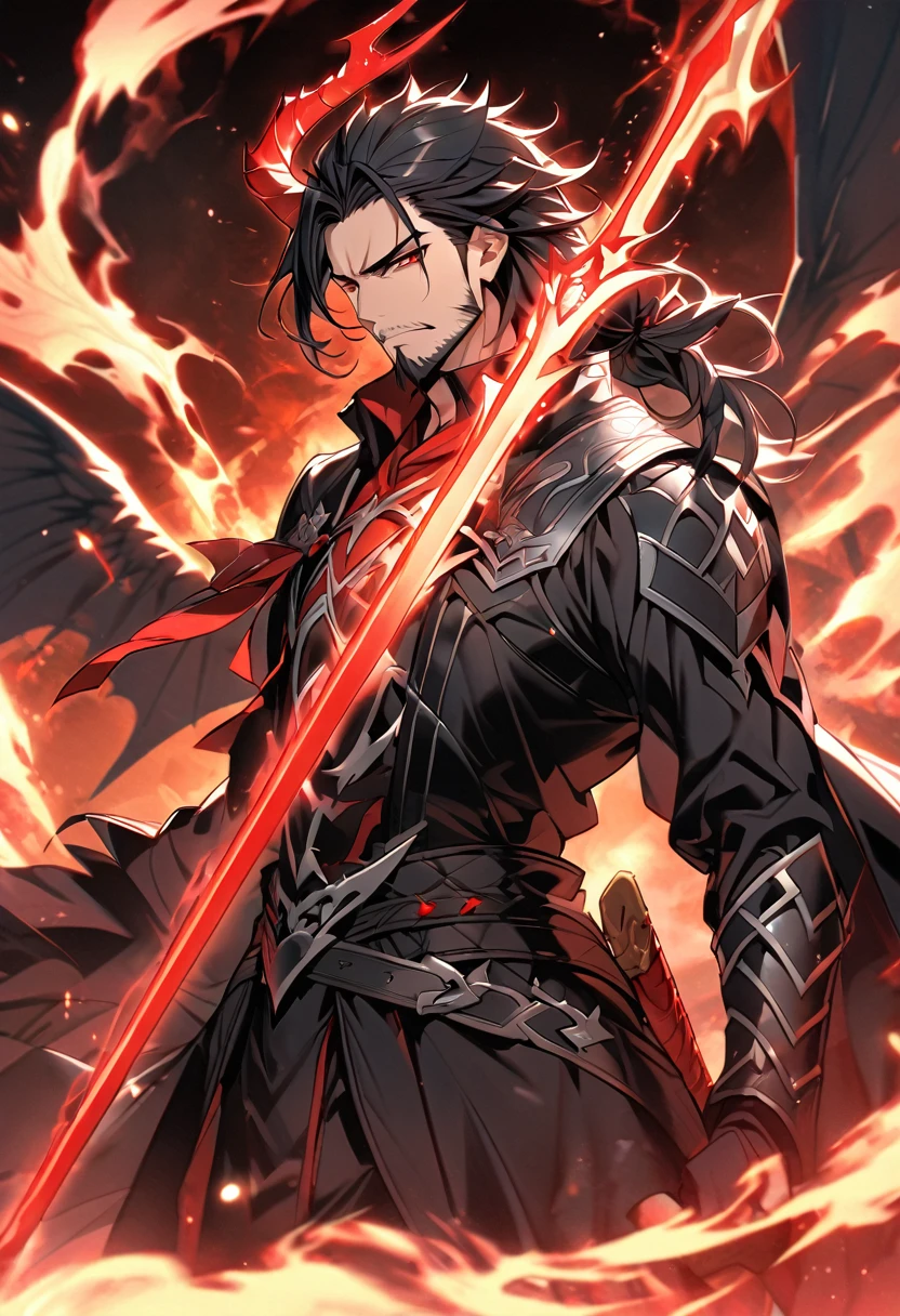 Handsome, bearded, single, 1 male, long hair tied back, black hair, black and red eyes, satan armor warrior outfit, magic style. black coat A huge power swirled like red fire and lightning mixed together. Holding the sword of a great warrior Satan's magical power resides in the great sword, Satan's Horn, Satan's Wings.