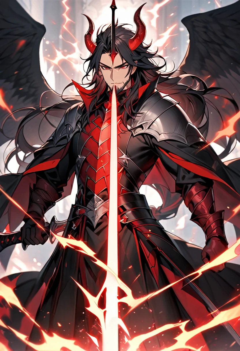 Handsome, bearded, single, 1 male, long hair tied back, black hair, black and red eyes, satan armor warrior outfit, magic style. black coat A huge power swirled like red fire and lightning mixed together. Holding the sword of a great warrior Satan's magical power resides in the great sword, Satan's Horn, Satan's Wings.