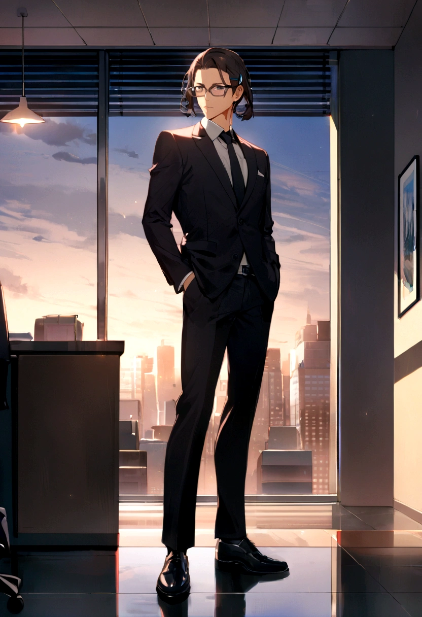 1boy, Suits, Dark hair, side part hair, Brown Eyes, hairclip, glasses, short posture, Office Background, full body shot