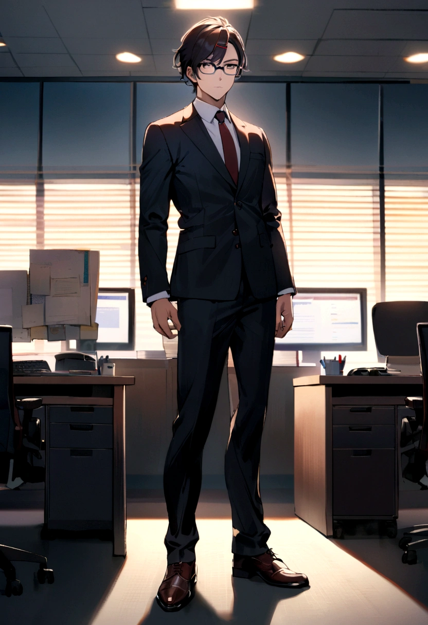 1boy, Suits, Dark hair, side part hair, Brown Eyes, hairclip, glasses, short posture, Office Background, full body shot