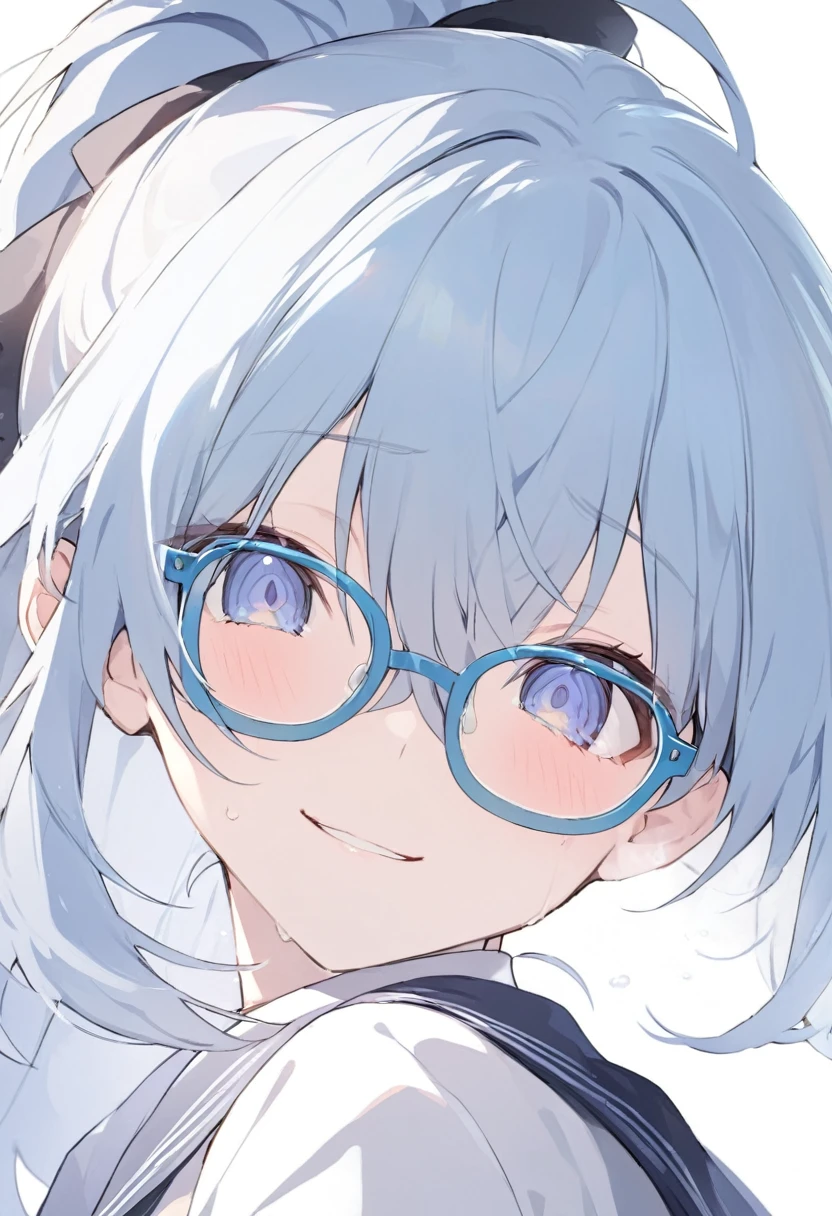 Blue Glasses　Light blue hair　girl　ponytail　Laughter　Middle school students　Mostly faces　　Face close-up　Highest quality　傑作 Blue Glasses　Blue Glasses　1 female