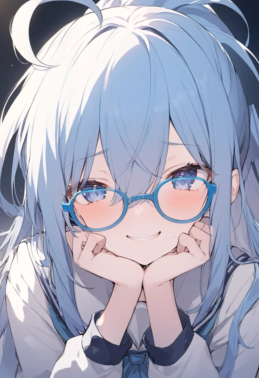 Blue Glasses Light blue hair girl ponytail Laughter Middle school students Mostly faces Face close-up Highest quality 傑作 Blue Glasses Blue Glasses 1 female