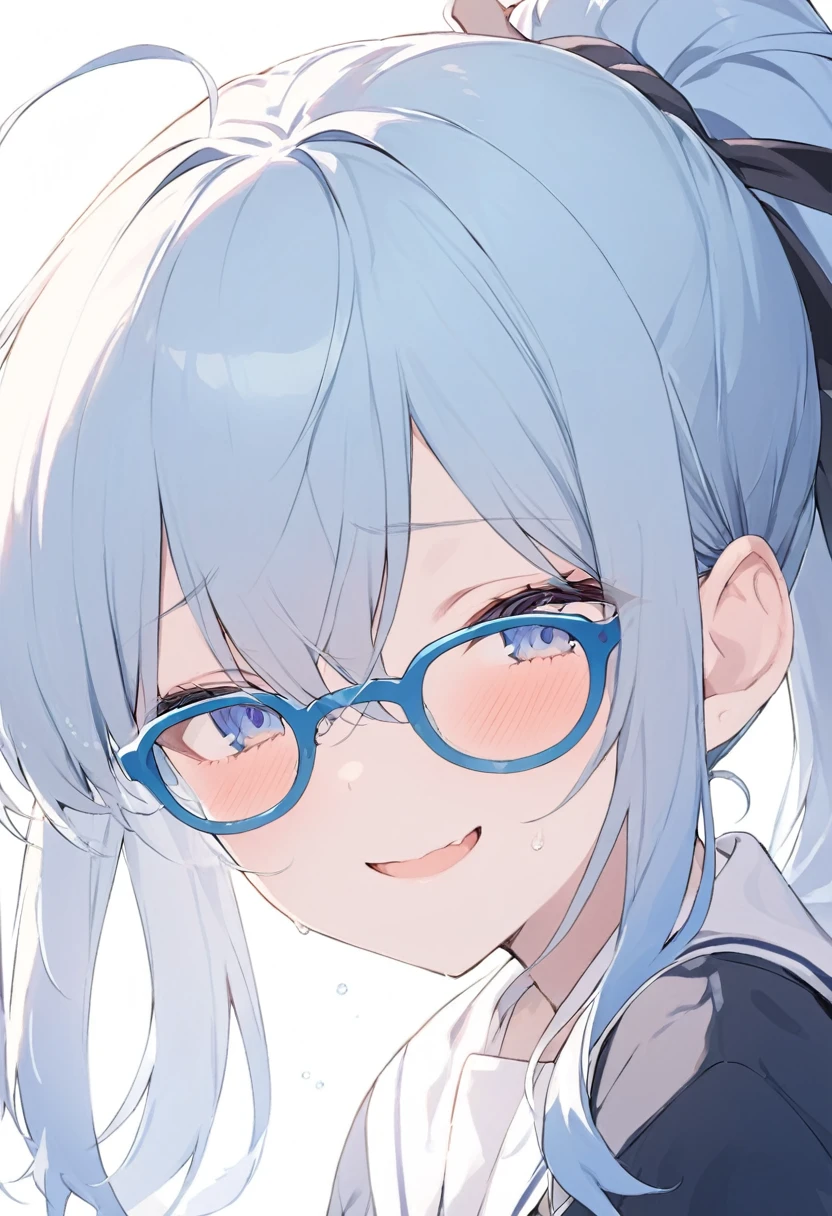 Blue Glasses Light blue hair girl ponytail Laughter Middle school students Mostly faces Face close-up Highest quality 傑作 Blue Glasses Blue Glasses 1 female