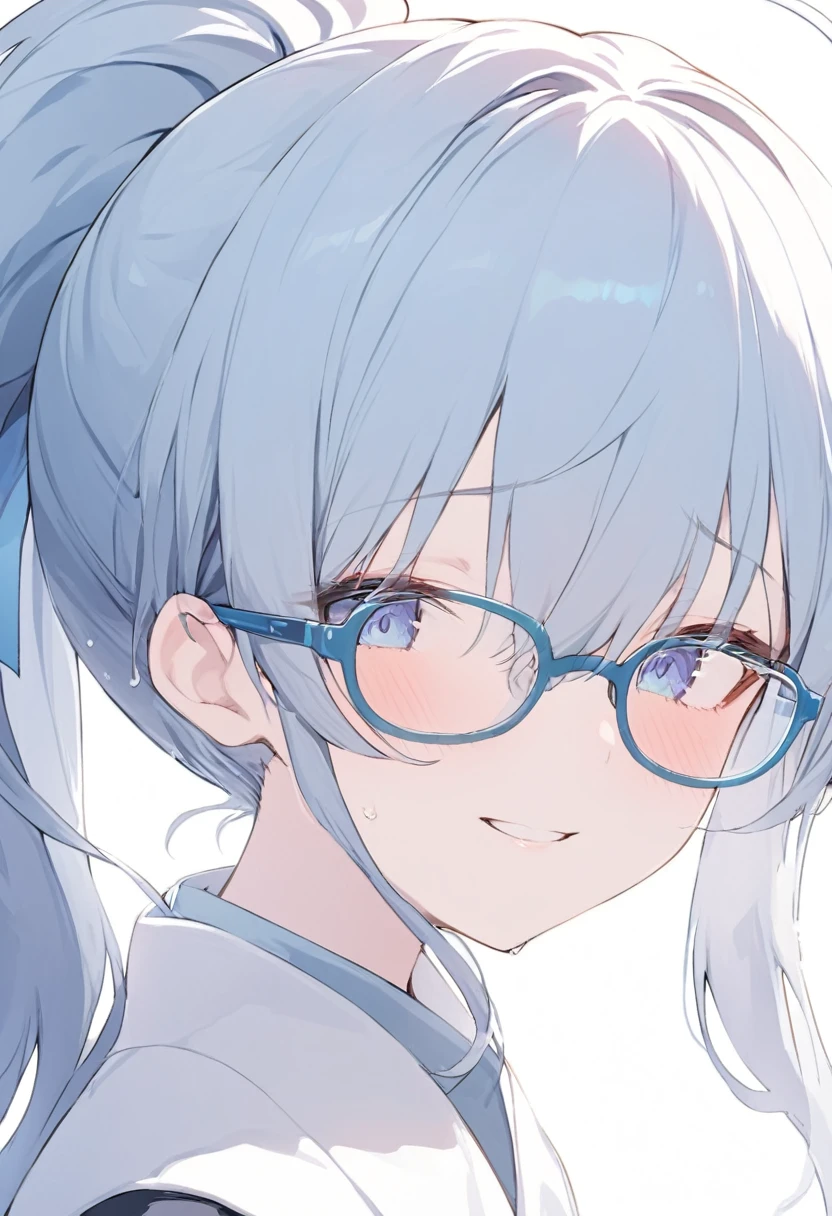 Blue Glasses Light blue hair girl ponytail Laughter Middle school students Mostly faces Face close-up Highest quality 傑作 Blue Glasses Blue Glasses 1 female