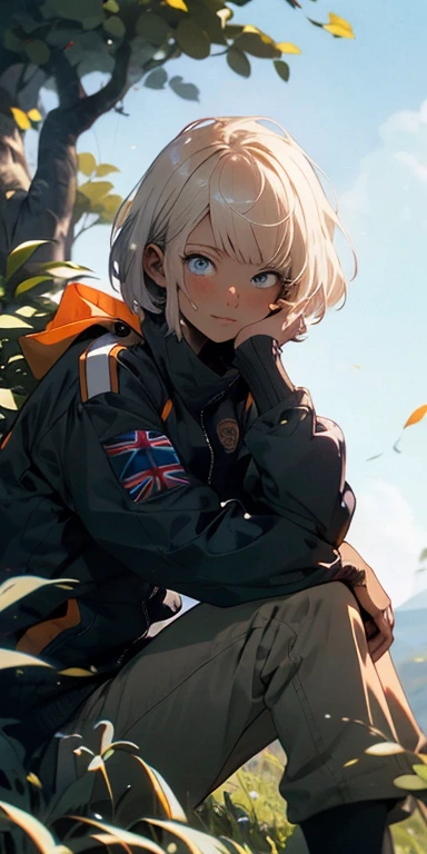 (Masterpiece, Best quality: 1.3), high resolution, linear shading, (ultra-detailed portrait), best illustration, (8k resolution), 1 boy, pale blonde hair, ((short)) hair styled with bangs, military jacket, blue eyes ((bright)), ((((British)))), ((adult)), adult man, (gentle), soft smile, kind countenance, sitting on a rock, staring at the sky, ((the breeze moves her hair)), pleasant aura