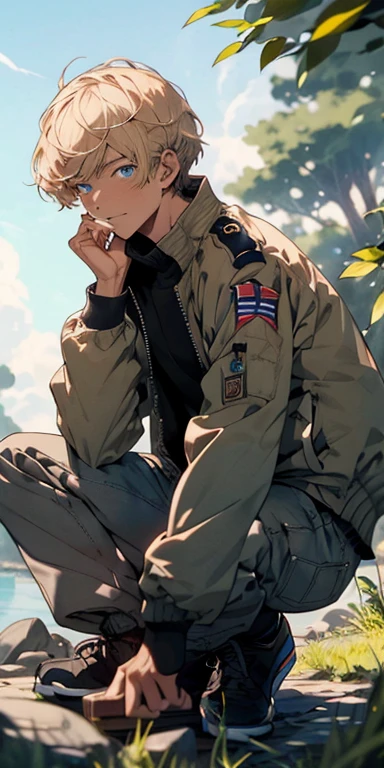 (Masterpiece, Best quality: 1.3), high resolution, linear shading, (ultra-detailed portrait), best illustration, (8k resolution), 1 boy, pale blonde hair, ((short)) hair styled with bangs, military jacket, blue eyes ((bright)), ((((British)))), ((adult)), adult man, (gentle), soft smile, kind countenance, sitting on a rock, staring at the sky, ((the breeze moves her hair)), pleasant aura