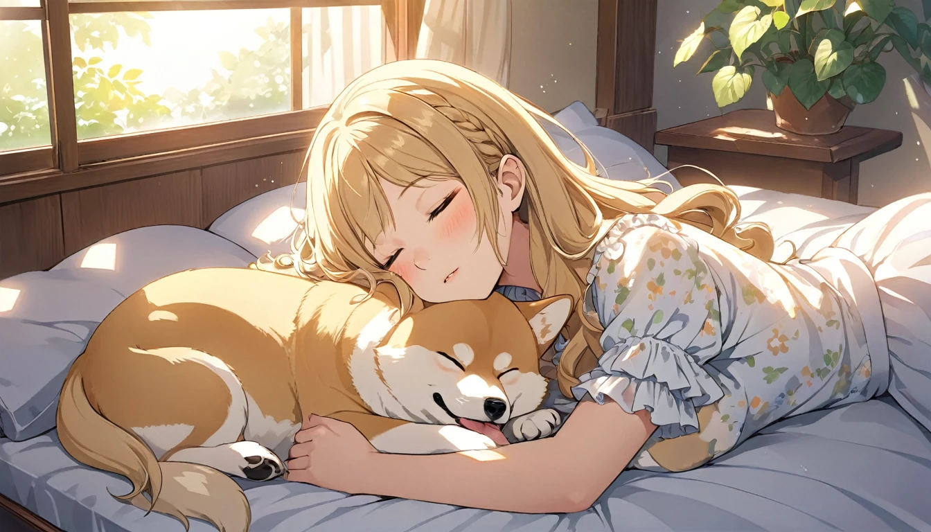 Japanese animation style、Digital illustration of an adult elf woman sleeping in a sunny bed、She is wearing a frilly shirt、 pet Shiba Inu、The Shiba Inu needs to sleep curled up next to her.、Relaxed  expression、Long, loosely wavy blonde hair、Dappled sunlight coming through the window、The soft morning light shines in、Calm atmosphere、Detailed and clear drawing、Warm and gentle colors、Drawing from a top-down perspective