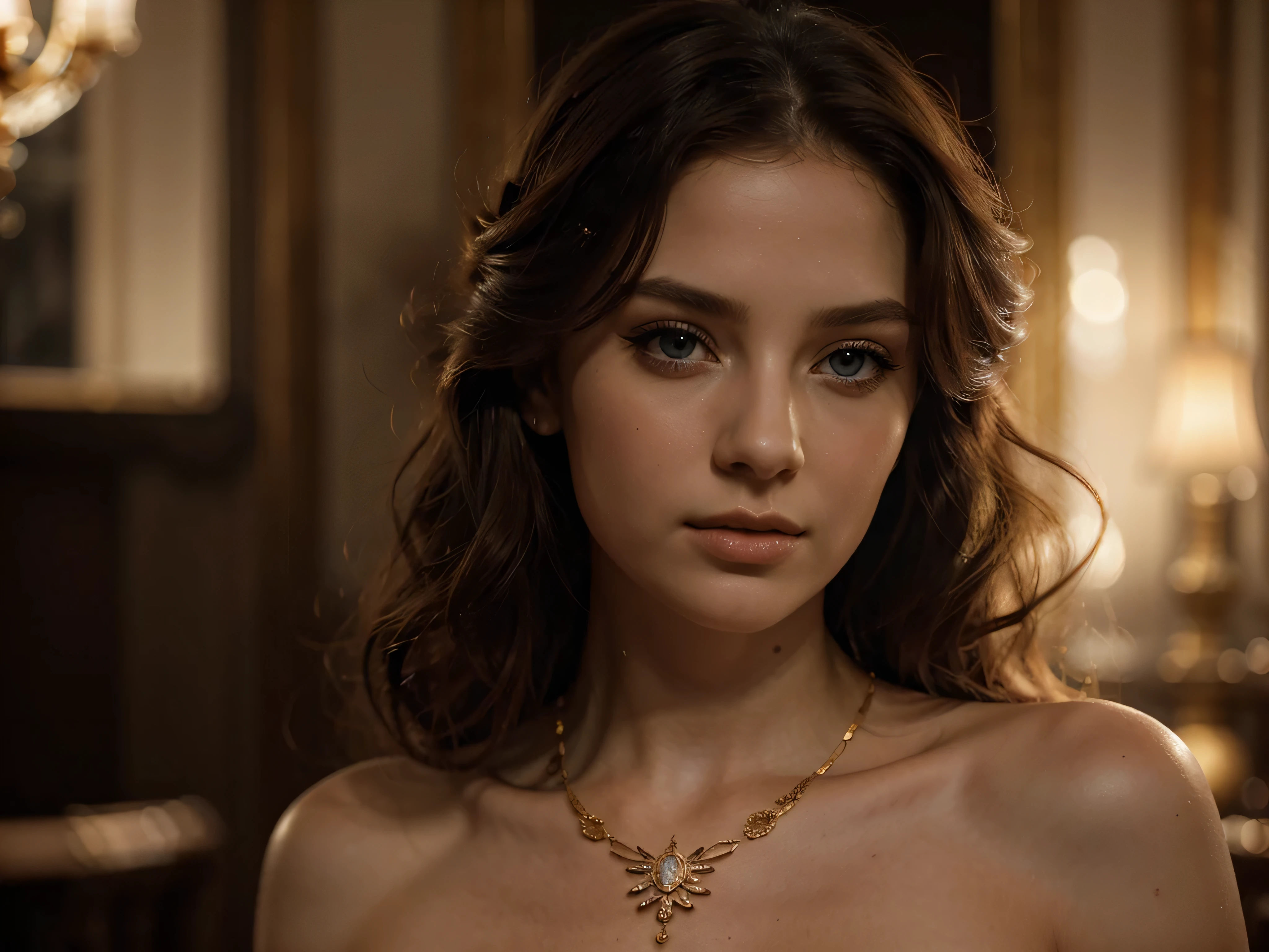 A chiaroscuro portrait of a woman, beautiful detailed eyes, beautiful detailed lips, extremely detailed eyes and face, long eyelashes, porcelain skin, elegant hairstyle, intricate jewelry, dramatic lighting, Renaissance style, dramatic shadows, warm golden tones, dramatic chiaroscuro lighting, ultra-detailed, 8k, photorealistic, masterpiece, cinematic, dramatic atmosphere, elegant and regal