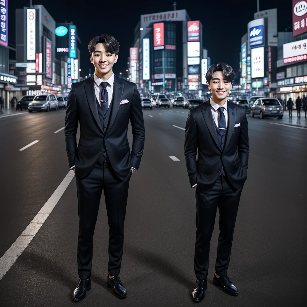 ((hyperdetail)), ((hyperrealistic)), ((hyperrealism)), Professional, Angle camera shooting from below, realistic, High level of detail, Full body photo of 25 years old Korean male, alone, just 1 man, face like Jungkook BTS, nice hair like Jungkook BTS hair, nice eyes, wearing modern up to date formal outfit, fashionable , catchy office outfit, full body, fit body almost 75 kg bodyweight weight and 185 cm body height, fit body like gym trainer, not thin and not fat, standing at street center of Seoul of night day, photogenic pose, smile pose, (random standing pose: 1.3) ,Natural light, (Attractive young man:1.3), (seductive:1.1), (blush:1.1), night bacgkround at street near seoul district , E-world Seoul, night day, night time, night day atmosphere, ((cool pose)), ((gentleman pose)), ((ISO 400)), ((50mm lens)), ((wide shot)),