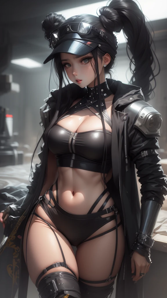 a futuristic warrior woman holding a katana, (finely detailed skin), pale skin, (with a deep neckline, a ???? and highly detailed black futuristic cyberpunk crop top and circuit board panties, glowing Japanese text, beautiful epic composition, futuristic, masterpiece, attractive, posing for a photo)