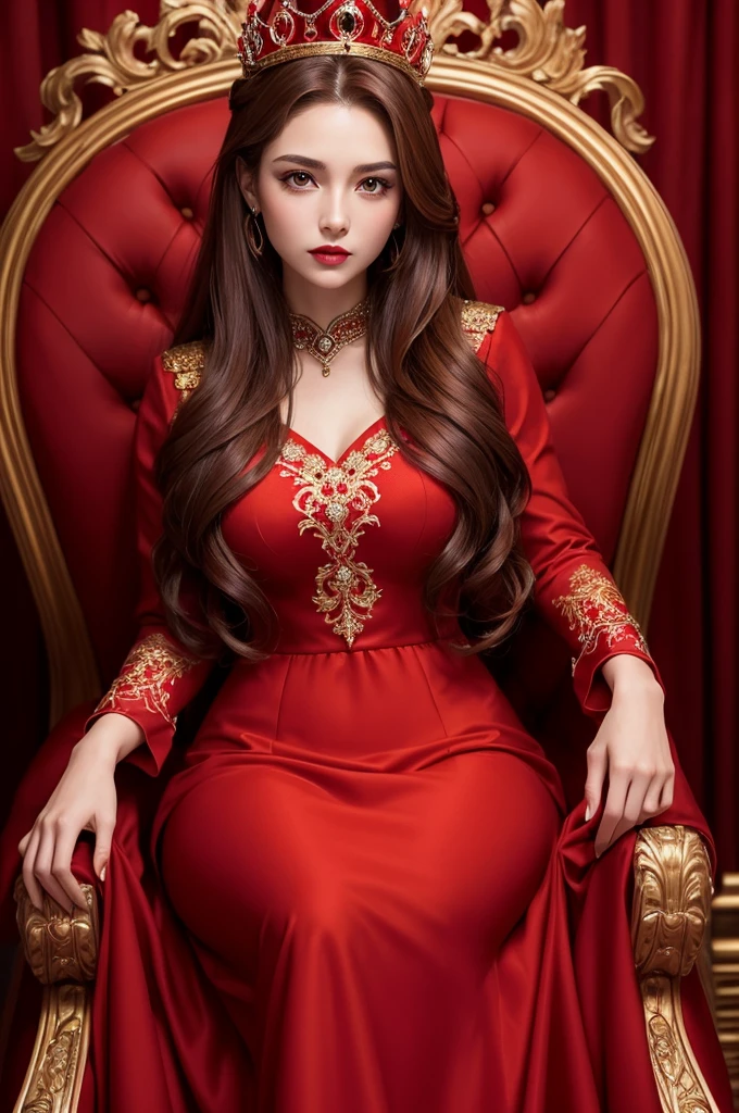 woman with light brown eyes, red lips and dark red makeup, her hair is long and light brown and a crown on her head, wearing a very long red dress sitting on a red throne in a completely red room