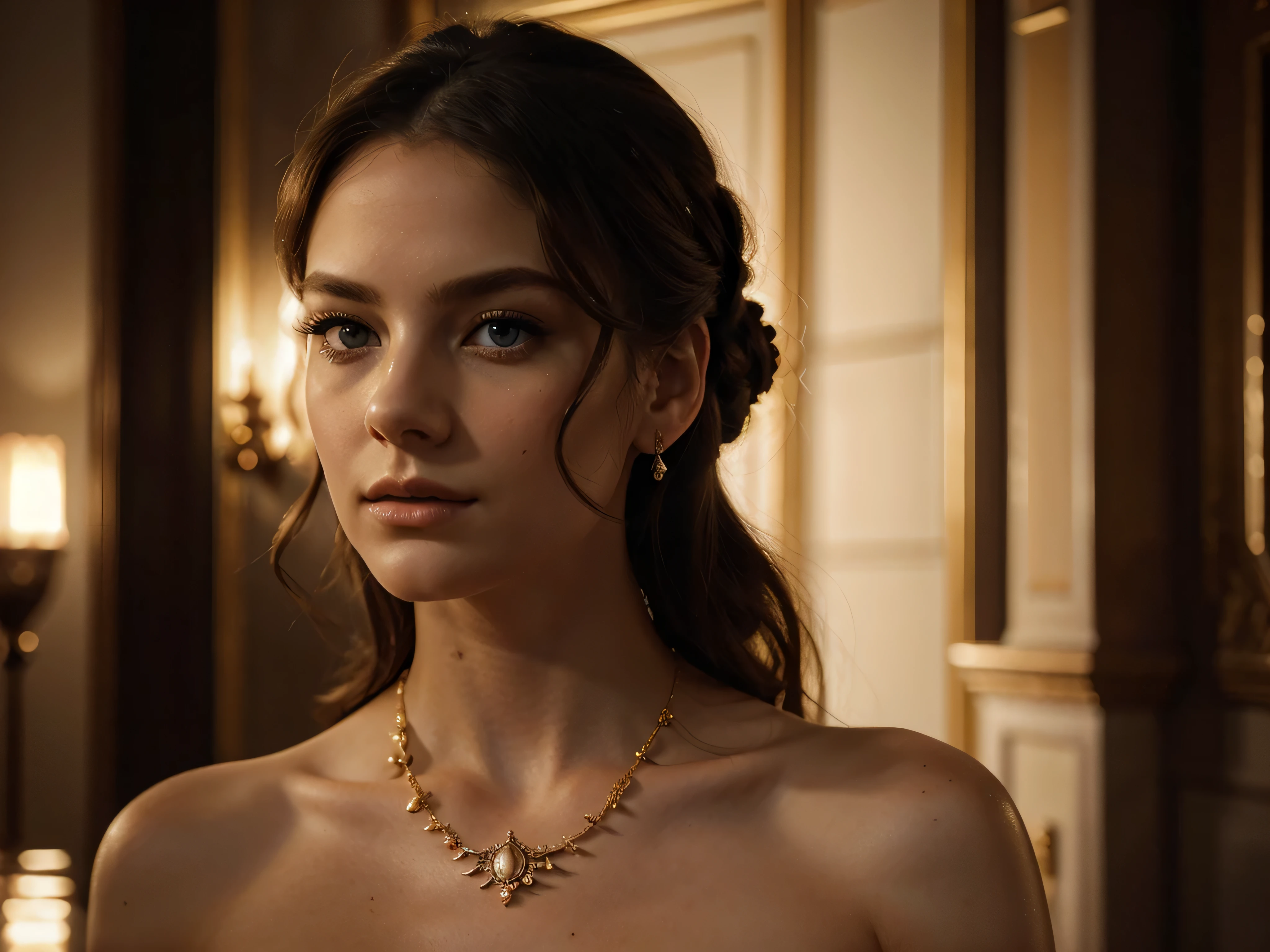 A chiaroscuro portrait of a woman, beautiful detailed eyes, beautiful detailed lips, extremely detailed eyes and face, long eyelashes, porcelain skin, elegant hairstyle, intricate jewelry, dramatic lighting, Renaissance style, dramatic shadows, warm golden tones, dramatic chiaroscuro lighting, ultra-detailed, 8k, photorealistic, masterpiece, cinematic, dramatic atmosphere, elegant and regal