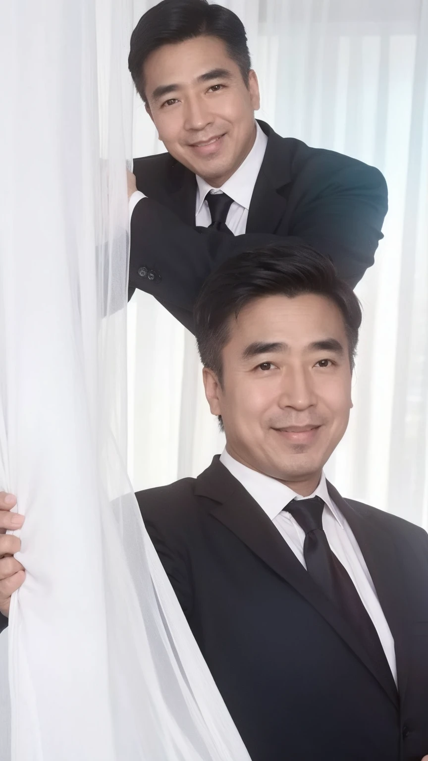 40-year-old male， Soft headlights，High-density imaging，（Clean and delicate face），((Black suit))，((Various dynamic poses))，((Smile))，((White curtains in the background))，best quality，masterpiece，（Soft colors：1.2）