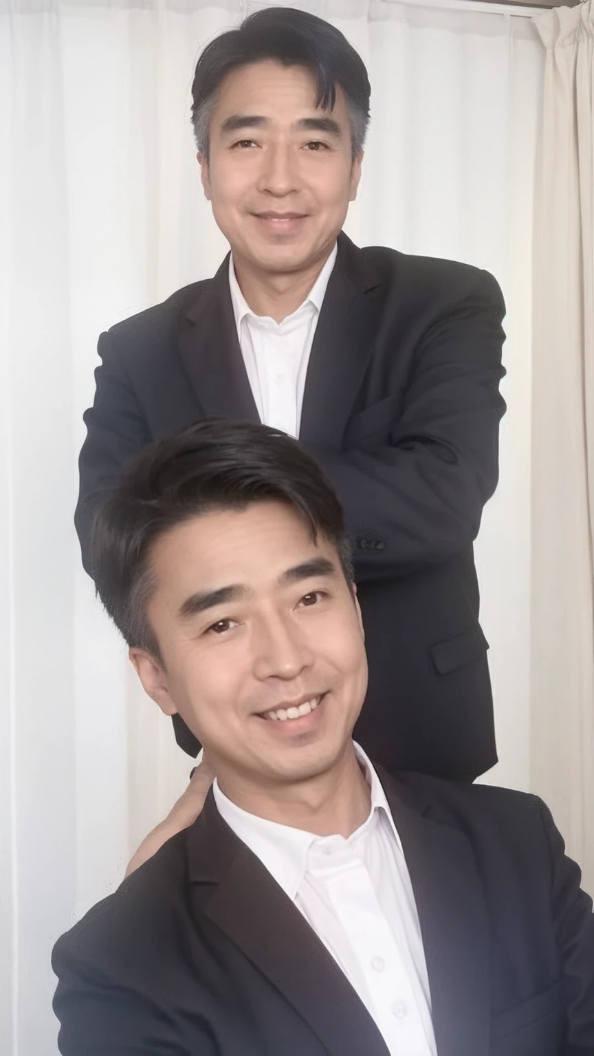 40-year-old male, Soft headlights,High-density imaging,(Clean and delicate face),((Black suit)),((Various dynamic poses)),((Smile)),((White curtains in the background)),best quality,masterpiece,(Soft colors:1.2)