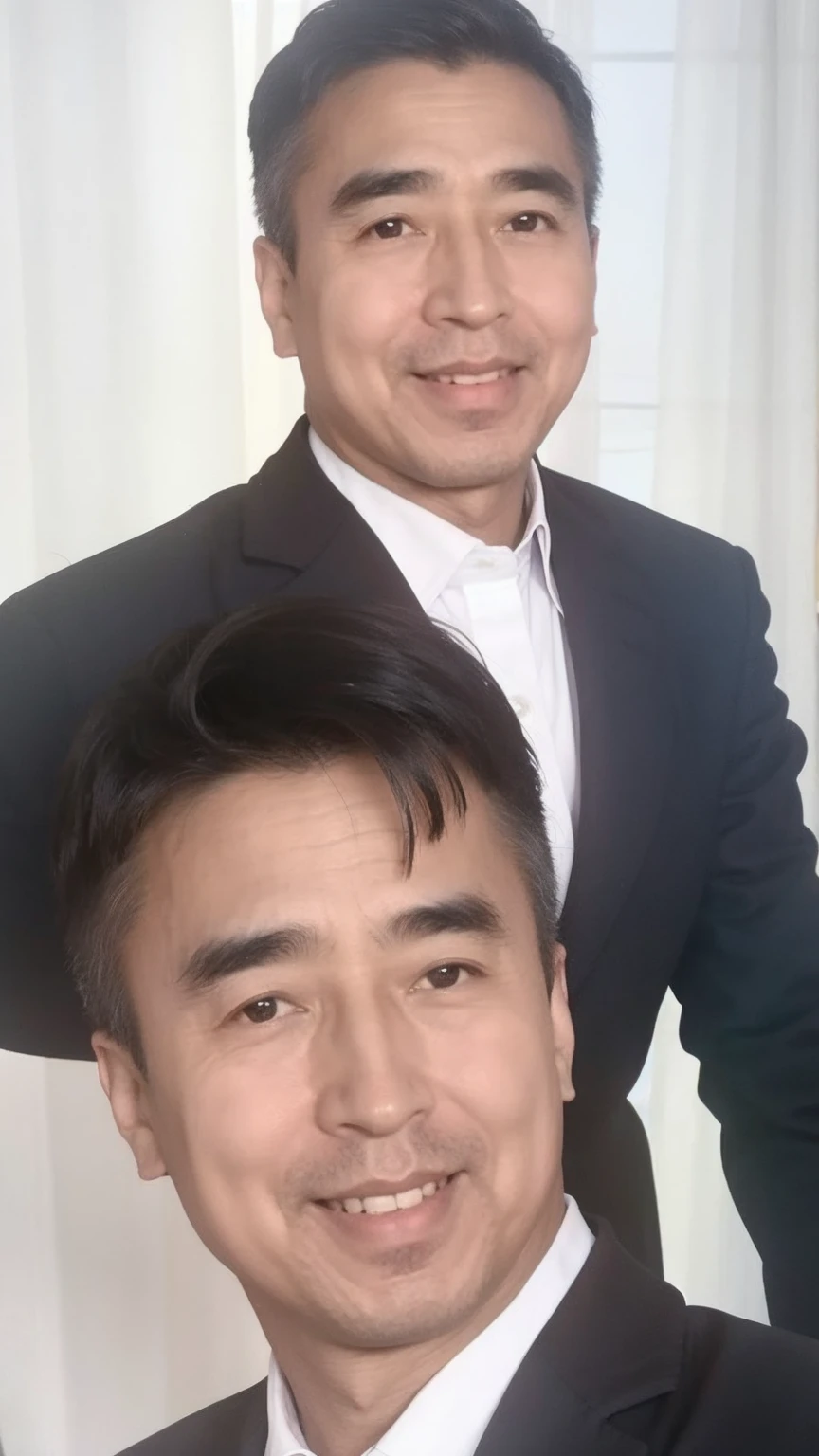40-year-old male， Soft headlights，High-density imaging，（Clean and delicate face），((Black suit))，((Various dynamic poses))，((Smile))，((White curtains in the background))，best quality，masterpiece，（Soft colors：1.2）