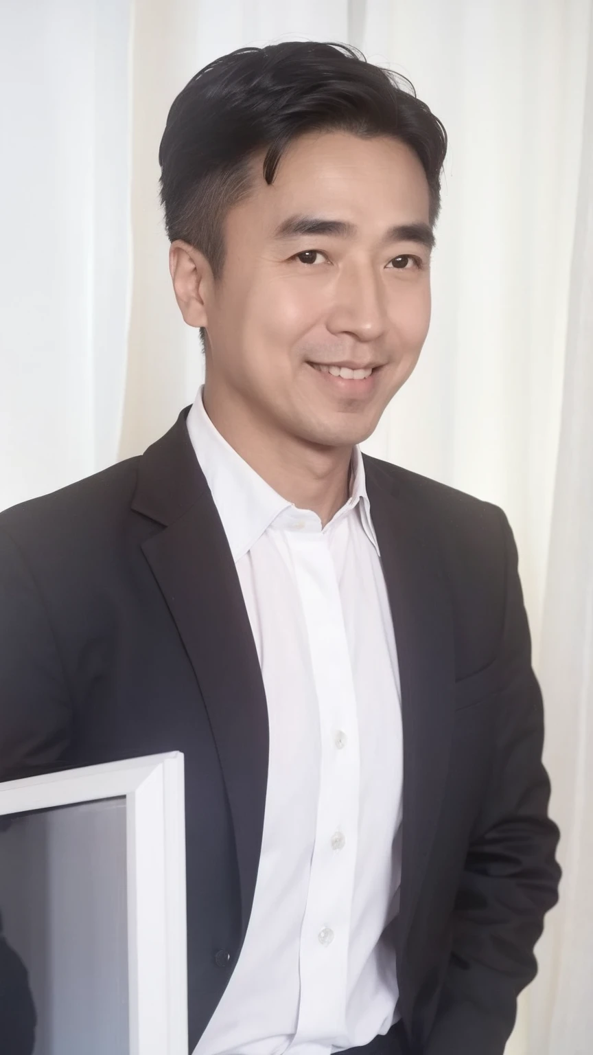 40-year-old male, Soft headlights,High-density imaging,(Clean and delicate face),((Black suit)),((Various dynamic poses)),((Smile)),((White curtains in the background)),best quality,masterpiece,(Soft colors:1.2)