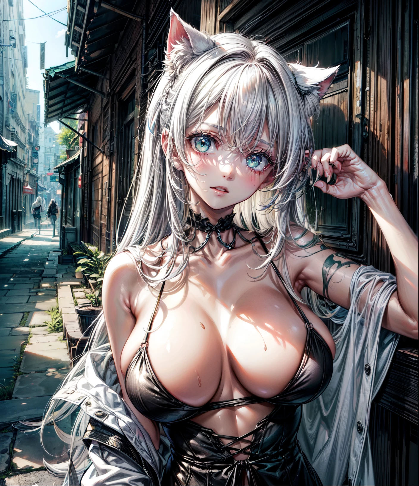 ((Masterpiece)), ((best quality)), 8K, cinematic lighting, (very messy hair), stooped posture, Forward leaning posture, (Leaning on concrete walls),  large breast, (badly tattered and torn camisole), tattoo ,(tattered and torn  camisole, dirty white camisole), Slender large breasts,  (laughing) slum townscape, Textured skin, cat ears, pale white hair, Cute Beautiful girl, teenage, green eyes ,(looks into the eyes), secret girlfriend, you will bloom for the third time this summer