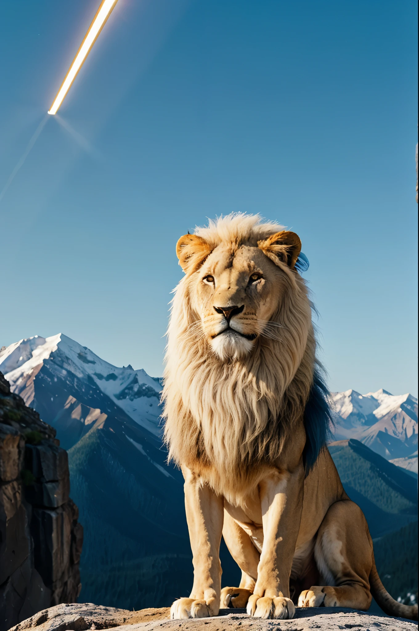 A lion  with white hair (with lighting of blue color)standing on a clif of mountain 