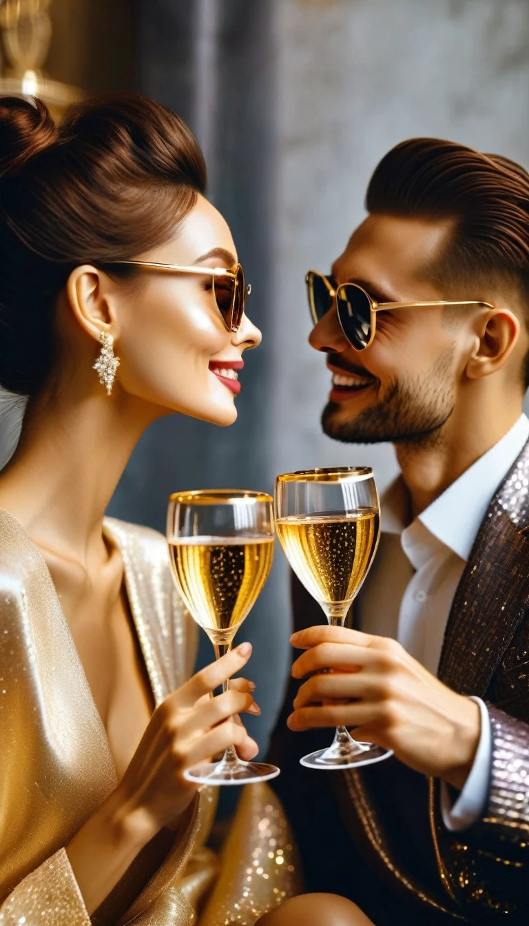 couple of lovers look at each other and toast with two luxurious glasses, luxurious gold glasses,