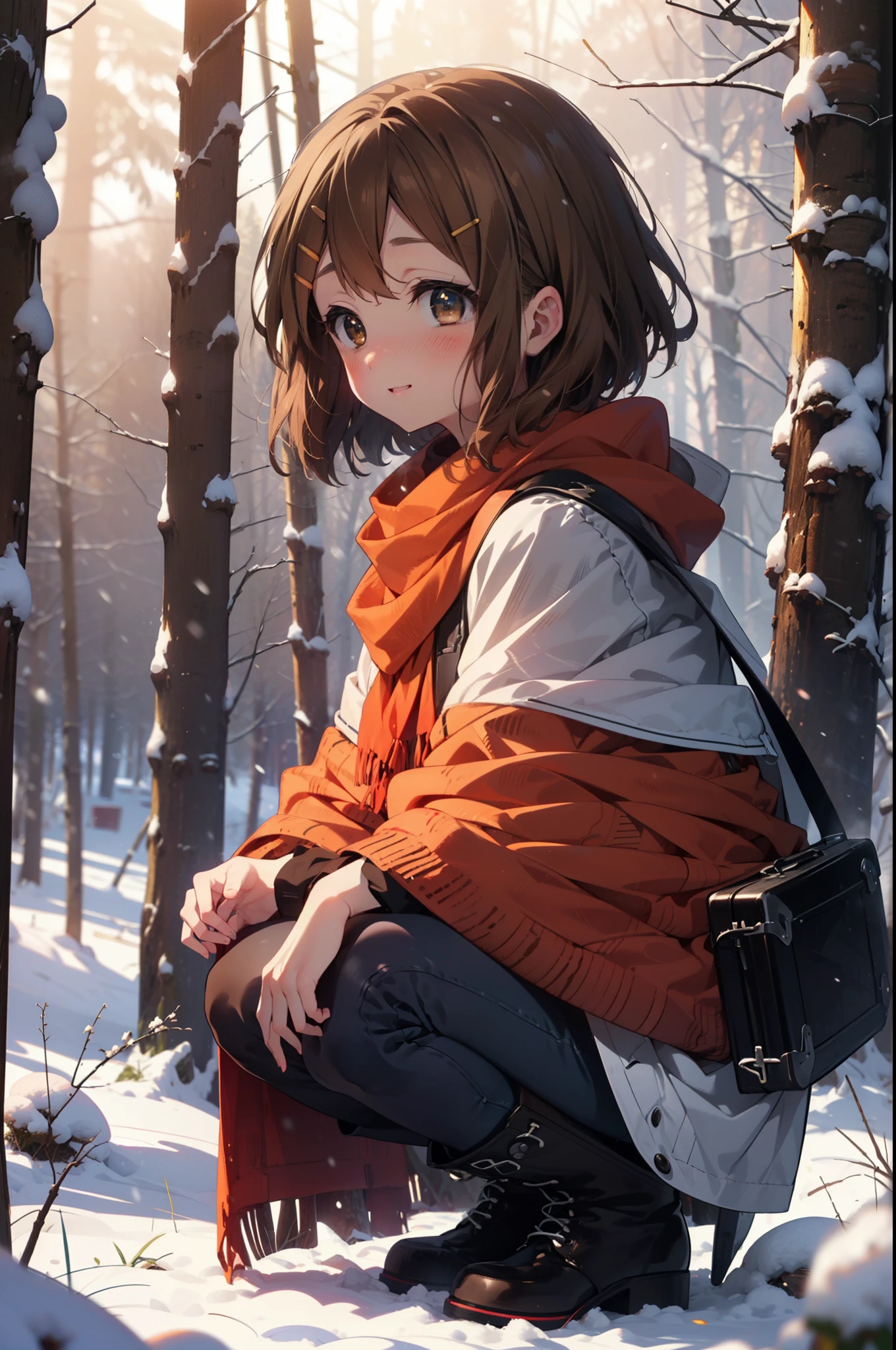 yuihirasawa, Yui Hirasawa, short hair, Brown Hair, hair ornaments, (Brown eyes:1.5), Hair Clip、smile,smile,blush,White Breath,
Open your mouth,snow,Ground bonfire,, Outdoor, boots, snowing, From the side, wood, suitcase, Cape, Blurred, , forest, White handbag, nature, Squat, Mouth closed, Cape, winter, Written boundary depth, Black shoes, red Cape break looking at viewer, Upper Body, whole body, break Outdoor, forest, nature, break (masterpiece:1.2), Highest quality, High resolution, unity 8k wallpaper, (shape:0.8), (Beautiful and beautiful eyes:1.6), Highly detailed face, Perfect lighting, Extremely detailed CG, (Perfect hands, Perfect Anatomy),