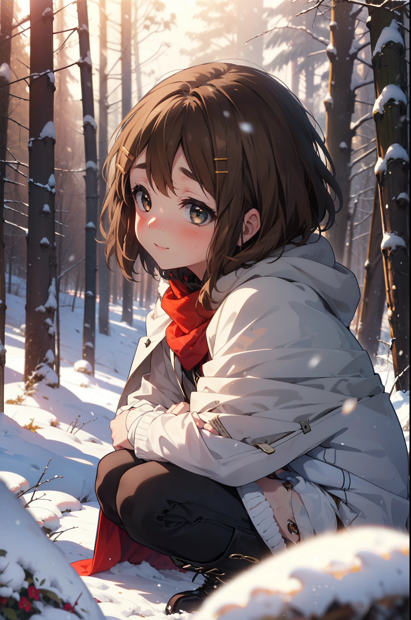 yuihirasawa, Yui Hirasawa, short hair, Brown Hair, hair ornaments, (Brown eyes:1.5), Hair Clip、smile,smile,blush,White Breath,
Open your mouth,snow,Ground bonfire,, Outdoor, boots, snowing, From the side, wood, suitcase, Cape, Blurred, , forest, White handbag, nature,  Squat, Mouth closed, Cape, winter, Written boundary depth, Black shoes, red Cape break looking at viewer, Upper Body, whole body, break Outdoor, forest, nature, break (masterpiece:1.2), Highest quality, High resolution, unity 8k wallpaper, (shape:0.8), (Beautiful and beautiful eyes:1.6), Highly detailed face, Perfect lighting, Extremely detailed CG, (Perfect hands, Perfect Anatomy),