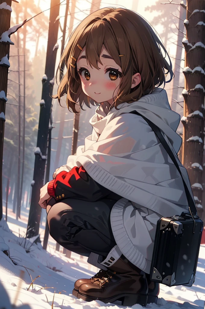 yuihirasawa, Yui Hirasawa, short hair, Brown Hair, hair ornaments, (Brown eyes:1.5), Hair Clip、smile,smile,blush,White Breath,
Open your mouth,snow,Ground bonfire,, Outdoor, boots, snowing, From the side, wood, suitcase, Cape, Blurred, , forest, White handbag, nature, Squat, Mouth closed, Cape, winter, Written boundary depth, Black shoes, red Cape break looking at viewer, Upper Body, whole body, break Outdoor, forest, nature, break (masterpiece:1.2), Highest quality, High resolution, unity 8k wallpaper, (shape:0.8), (Beautiful and beautiful eyes:1.6), Highly detailed face, Perfect lighting, Extremely detailed CG, (Perfect hands, Perfect Anatomy),