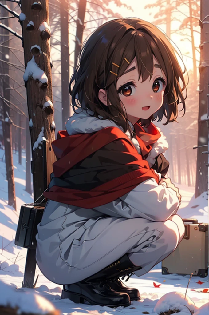 yuihirasawa, Yui Hirasawa, short hair, Brown Hair, hair ornaments, (Brown eyes:1.5), Hair Clip、smile,smile,blush,White Breath,
Open your mouth,snow,Ground bonfire,, Outdoor, boots, snowing, From the side, wood, suitcase, Cape, Blurred, , forest, White handbag, nature, Squat, Mouth closed, Cape, winter, Written boundary depth, Black shoes, red Cape break looking at viewer, Upper Body, whole body, break Outdoor, forest, nature, break (masterpiece:1.2), Highest quality, High resolution, unity 8k wallpaper, (shape:0.8), (Beautiful and beautiful eyes:1.6), Highly detailed face, Perfect lighting, Extremely detailed CG, (Perfect hands, Perfect Anatomy),