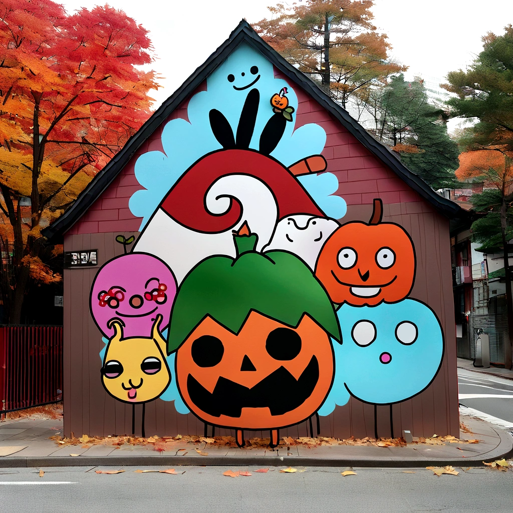 There are many illustrations of cities with colorful leaves, Korea, alone, In the style of a vivid cartoonist, fall,, Jack O's Lantern, spices, New York School, Roberto Monsch, Conceptual street art, 50d movie photos, naturalistic representation of flora and fauna, fun cartoons