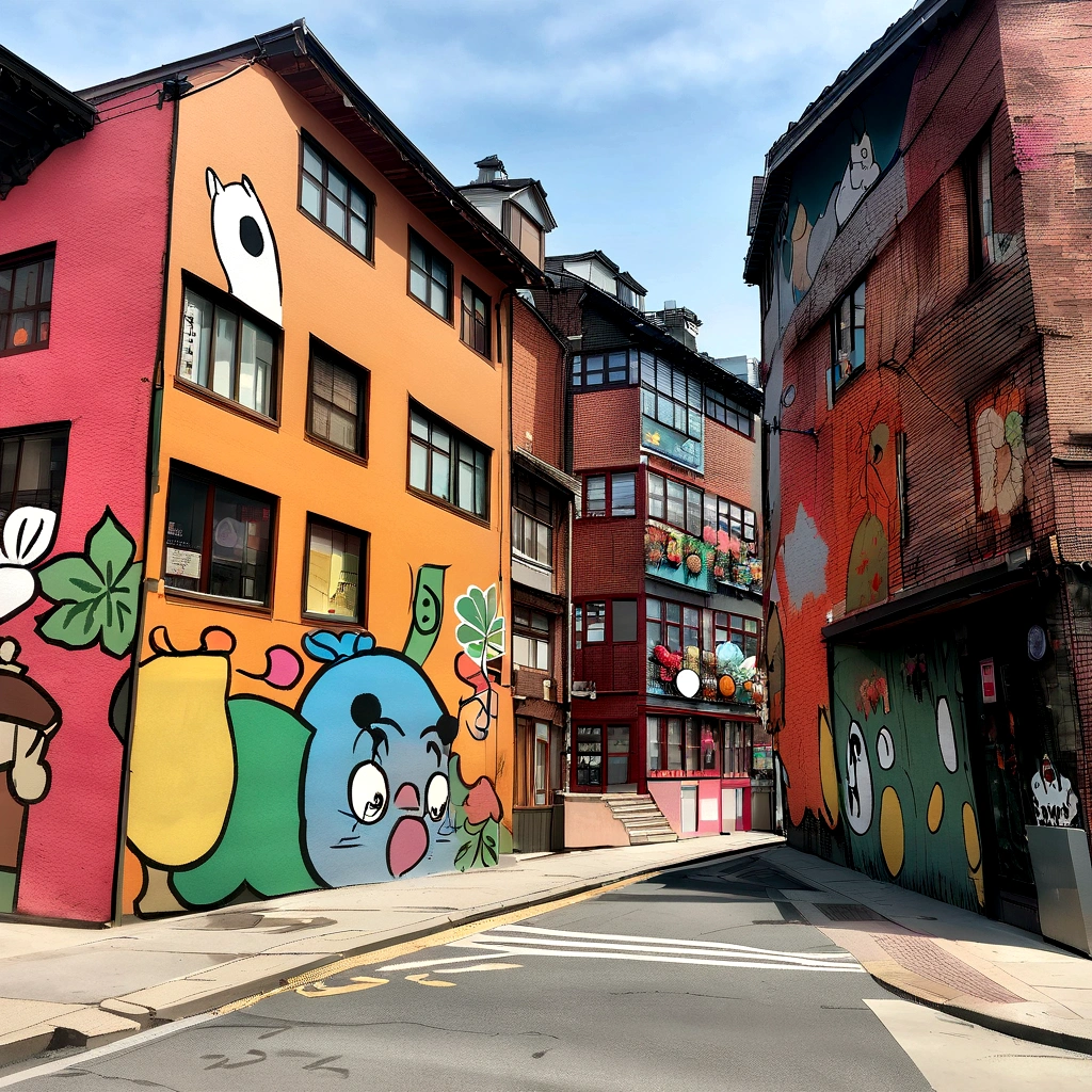 There are many illustrations of cities with colorful leaves, Korea, alone, In the style of a vivid cartoonist, fall,, Jack O's Lantern, spices, New York School, Roberto Monsch, Conceptual street art, 50d movie photos, naturalistic representation of flora and fauna, fun cartoons