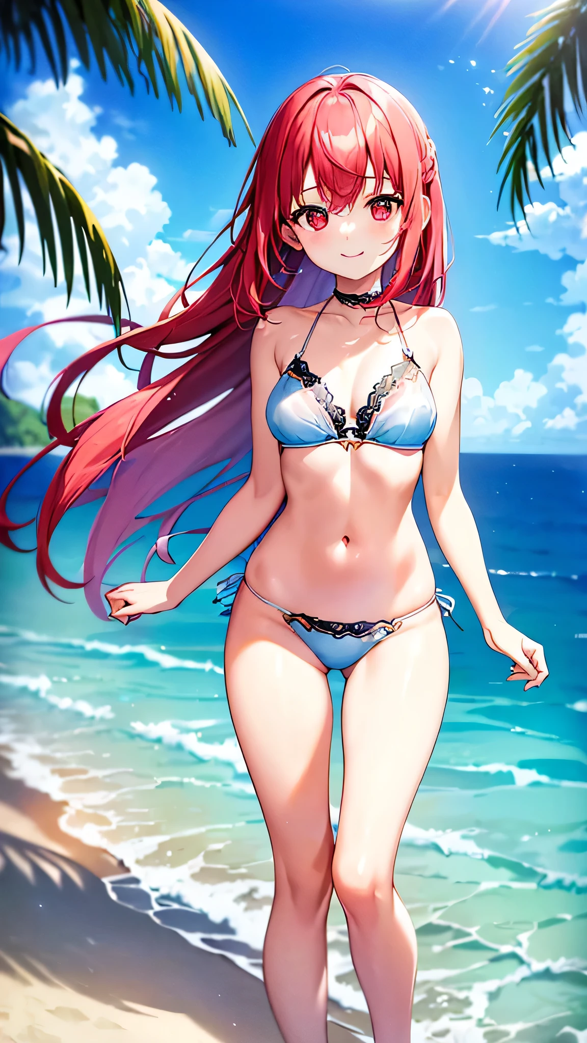 Highest quality、Highest quality、Masterpiece、girl((20-year-old、as soon as、Highest Bust、Medium Bust、Wide open chest、Red glowing eyes、Light Blue Hair、Disheveled Hair、Loincloth、thin、The best valley、Open chest、Full body view、White see-through、White Bikini、Smile、On all fours))、high quality、Beautiful Art、background((Ocean、Wave、beach、Palm tree))、flight、Flying Debris、Depth of text、movie、Visual Arts、Perfect Art、8K、Genuine、Special Angles