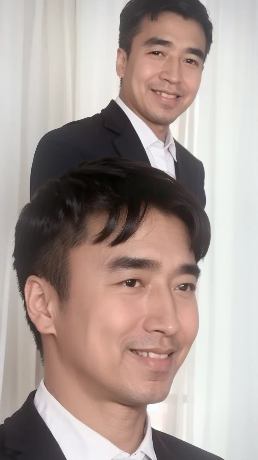 40-year-old male, Soft headlights,High-density imaging,(Clean and delicate face),((Black suit)),((Various dynamic poses)),((Smile)),((White curtains in the background)),best quality,masterpiece,(Soft colors:1.2)