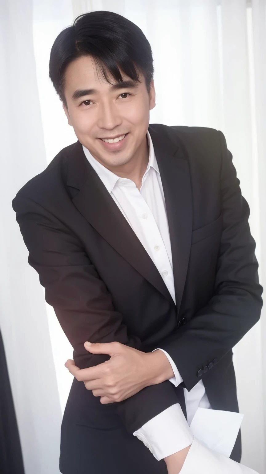 40-year-old male, Soft headlights,High-density imaging,(Clean and delicate face),((Black suit)),((Various dynamic poses)),((Smile)),((White curtains in the background)),best quality,masterpiece,(Soft colors:1.2)