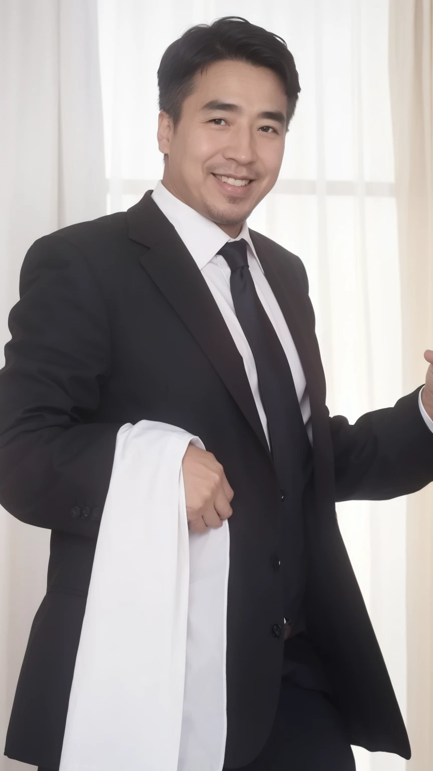 40-year-old male, Soft headlights,High-density imaging,(Clean and delicate face),((Black suit)),((Various dynamic poses)),((Smile)),((White curtains in the background)),best quality,masterpiece,(Soft colors:1.2)