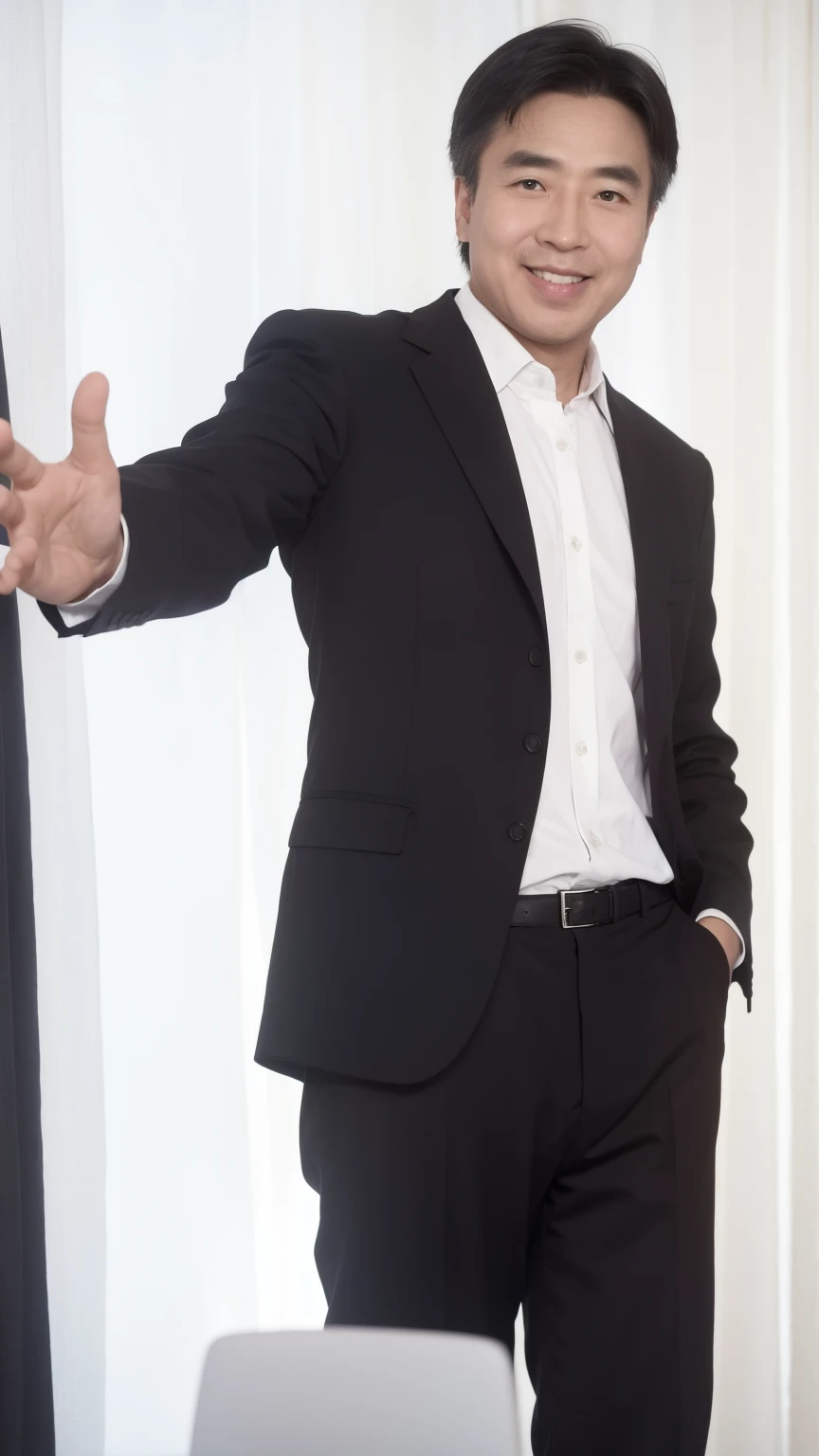 40-year-old male， Soft headlights，High-density imaging，（Clean and delicate face），((Black suit))，((Various dynamic poses))，((Smile))，((White curtains in the background))，best quality，masterpiece，（Soft colors：1.2）