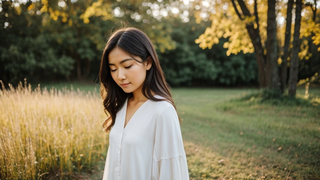 "A serene profile picture featuring a calm and relaxed face, with a soft focus nature background in pastel tones. The face should have a gentle, peaceful expression, with closed or softly gazing eyes. Lighting should be warm and soft, highlighting the tranquility of the scene. The overall style should be minimalist and clean, ensuring the face and serene atmosphere are the main focus."