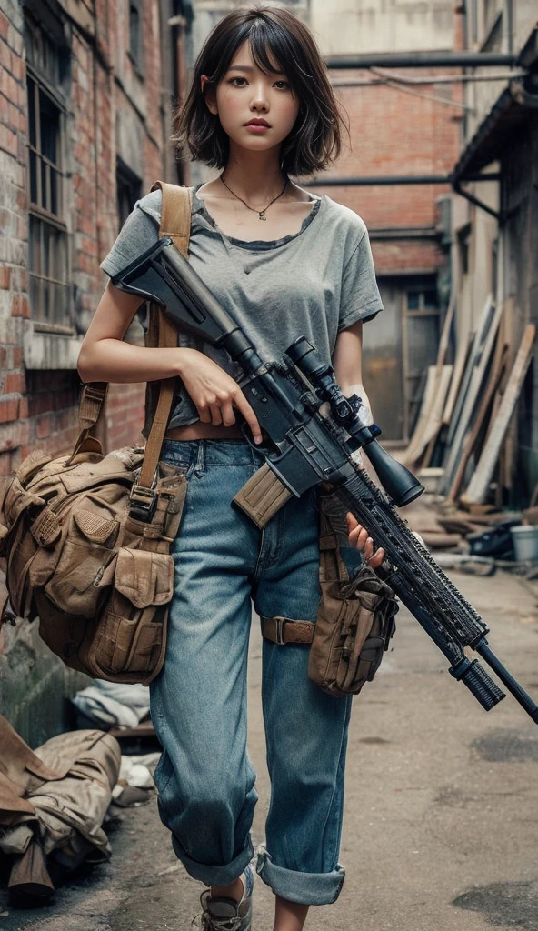 8K,Realistic Photo、Realistic Skin Texture、Superrealism、Japanese woman living in America、Operation、In a mid-sized American city、Old brick building、mortar、Loose Fit T-Shirt、Shoulder bag、Denim pants、Dirty sneakers、Hunting rifles、Dirty alley、Baseball Cap