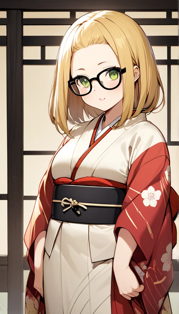 chubby girl, blonde, green eyes, medium length hair, open forehead, glasses with black square frames Japanese clothing style, ancient japan
